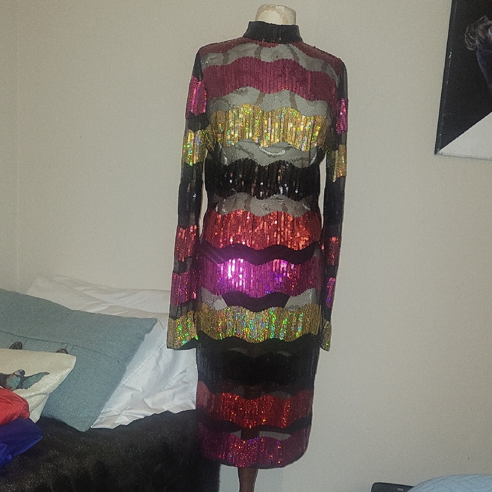Fashion Nova Vibrant Sequin Long Sleeve Dress